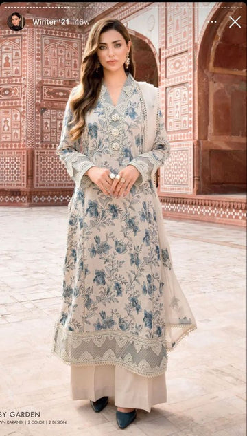 Bareeze -Embroidered 3pc Lawn dress with embroidered chiffon dupatta zab723